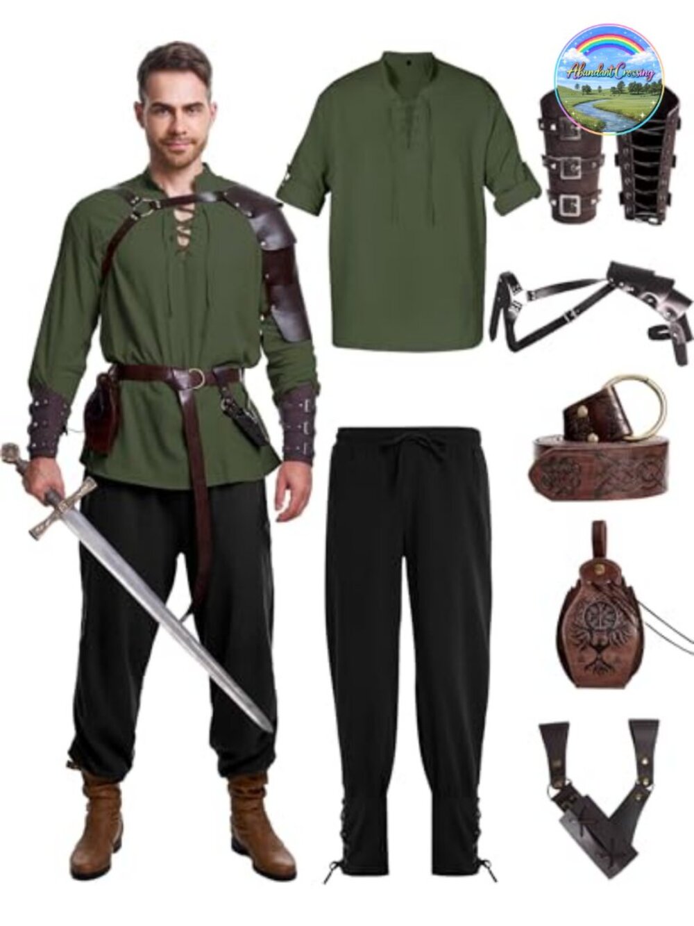 Men's Renaissance Costume 8 Pc Medieval Viking Pirate Shirt Pant Belt Bracer